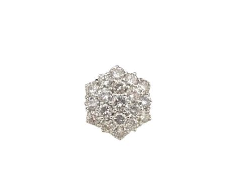 A large platinum diamond cluster ring, 19 round brilliant cut diamonds in a hexagonal form, diamond weight approx 3.75ct, wei