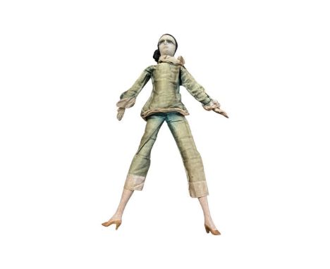 Vintage French felt headed doll with ceramic hands and legs, dressed in green silk outfit and black headress70 cm length