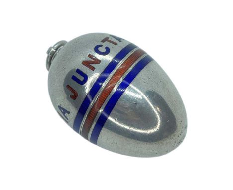 Unusual egg pendant needlework case compendium. Enamelled banding and entitled 'TRIA JUNCTA IN UNO' (Three in one). Henry Wil