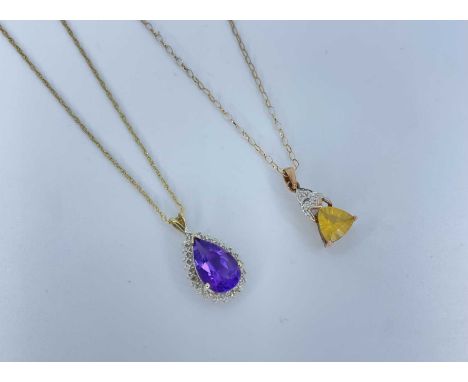 2x 9ct Gold Necklaces ( 5.5 grams )9ct gold pear shaped amethyst and diamond necklace and rose gold fire Opal and diamond nec