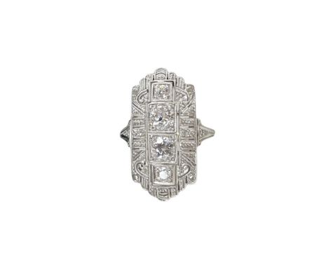 A 14ct Art Deco style plaque ring, 4 centra diamonds in a pierced surround with grained detailing, diamond weight approx 1.40