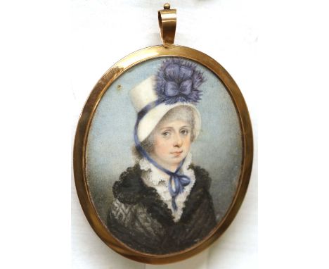 ENGLISH SCHOOL (19TH CENTURY) LADY IN WHITE BONNET TRIMMED WITH BLUE ROSETTE RIBBON AND BLACK LACE SHAWL, portrait miniature 