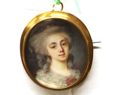 CIRCLE OF FRANCOIS DUMONT (FRENCH, 1751-1831) LADY HEAD AND SHOULDERS WITH POWDERED HAIR AND WHIRE DRESS TRIMMED WITH PINK RI
