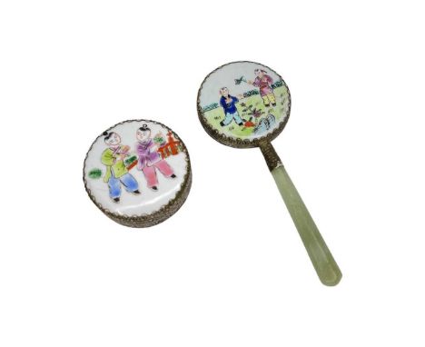 Porcelain Topped White Metal Trinket Box and Porcelain Backed Hand Mirror with Hardstone Handle. (2)Condition report: Good