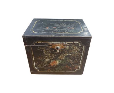Painted wood tea caddy for Fortnum &amp; Mason, England, c.1890s. Rectangular form, the caddy box with hand-painted florals o