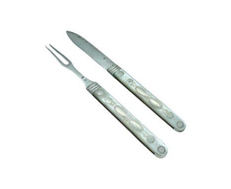 Unusual Bright Cut Georgian Silver Travelling Knife and Fork Set with Mother of Pearl Decoration. Late 18th /Early 19th Centu
