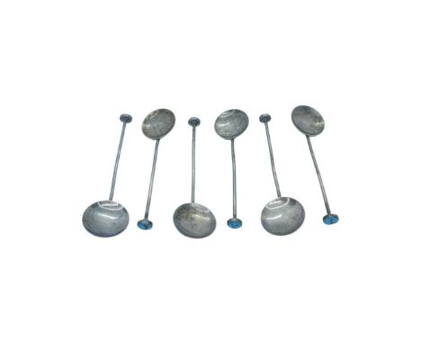 Unusual Set of 6 Enamel Seal Top Teaspoons. Bernard Instone, Birmingham 1928. 35 g. Unusual set with turquoise enamel finials