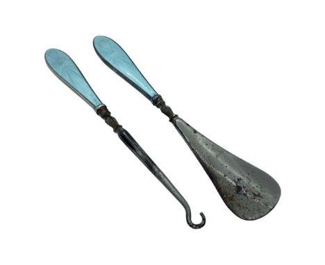 Blue Guilloche Enamel Coat Hook and Shoe Horn. Birmingham 1929, Beddoes &amp; Co,Qty: 2