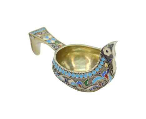 A Russian Silver and Cloisonne Enamel Kovsh. Pseudo provincial Russian marks, 53g.Gilt interior, cloisonne enamel decoration.