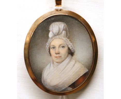 ATTRIBUTED TO ALEXANDER GALLOWAY (SCOTTISH, ACT 1794-1812) LADY IN DRESS WITH WHITE FICHU AND LARGE FRILLED WHITE HAT, portra