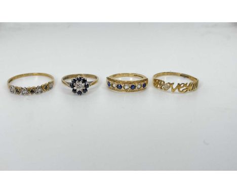 Quantity Of 9ct Gold Rings, Sapphires And Diamonds ( 6.3 grams ) sapphire and diamond cluster, half eternity sapphire ring, s