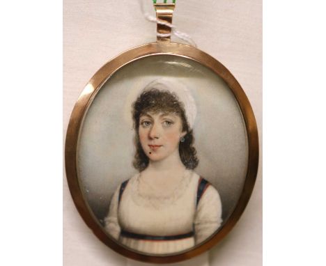 ATTRIBUTED TO THOMAS HAZLEHURST (BRITISH, C1740-1821) LADY WEARING A WHITE DRESS TRIMMED WITH RED AND BLUE RIBBON WITH WHITE 