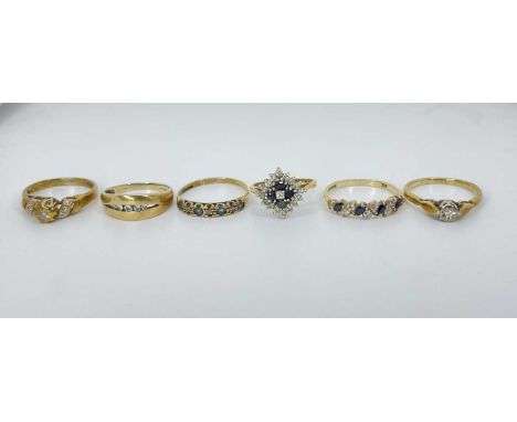Quantity Of 9ct Gold Rings, Diamonds, Sapphires And Apatite ( 11.5 grams ) 2x solitaire diamond rings, apetite and diamond ri