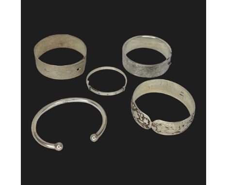 Mixed Lot Of Silver Bangles To Include A Diamond Baby Bangle ( 134 grams ) Silver Floral Design Bangle, Birmingham 1937 By B&