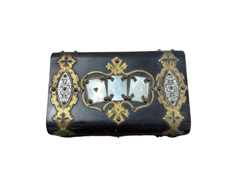19th Century Rosewood Games Box, with brass and mother of pearl mounts, the top decorated with three playing cards, the domed