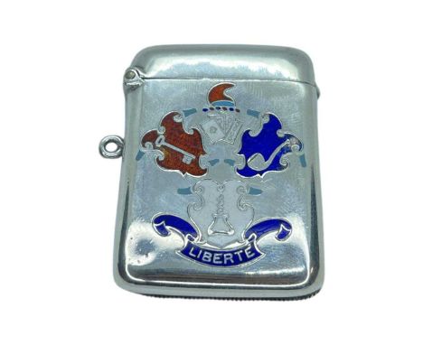 Silver and Enamel Vesta Case. Robert Chandler, Birmingham 1902. 30 g. 'LIBERTE' enamelled on case with other depictions.5 cms