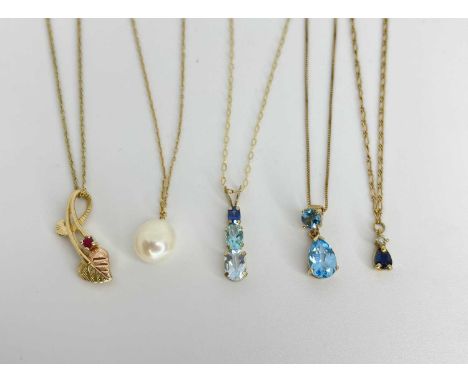 Quantity Of 9ct Gold Necklaces ( 10.1)gold and ruby flower necklace, Pearl necklace, topaz necklace, blue topaz pear shaped n