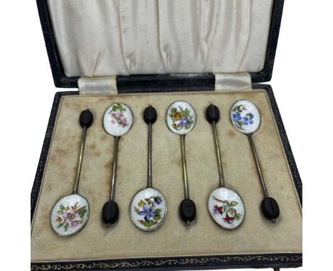 A Cased Set of Six Enamelled Coffee Bean Spoons. Birmingham 1955, William Suckling Ltd,9cm length each spoonCondition report: