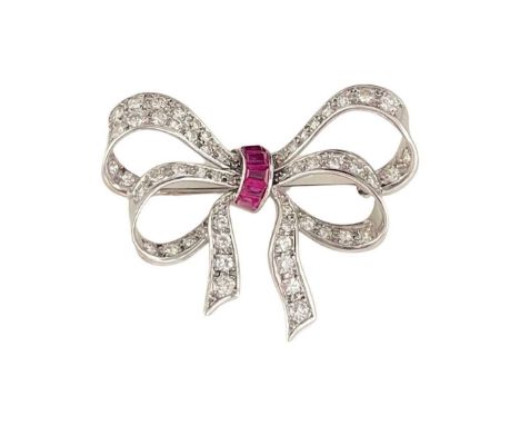 A ruby and diamond bow brooch, diamond weight approx 1.75ct, 18ct white gold, width 4cm, weight approx 7.5g.