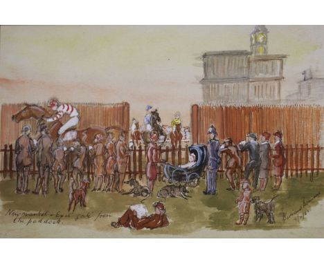 ^ BERTRAND PLEYDELL BOUVERIE (BRITISH 1914-1999) 'EXIT GATE FROM THE PADDOCK, NEWMARKET', signed and dated (9.11.61) l.r., wa