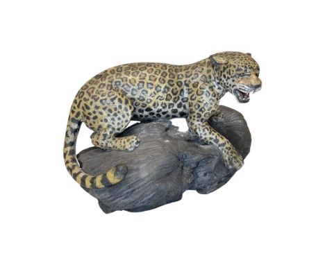Sallie Wakley (b 1967) Leopard on a Rock, ceramic sculpture, signed and dated 2001 to base26 cm width 17 cm heightQty: 1