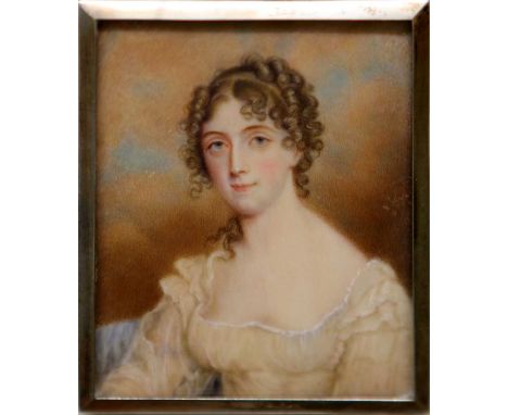 WALTER STEPHENS LETHBRIDGE (BRITISH, 1771-1831) LADY IN WHITE DRESS AND BLUE SHAWL, rectangular portrait miniature7 x 6 cmQty