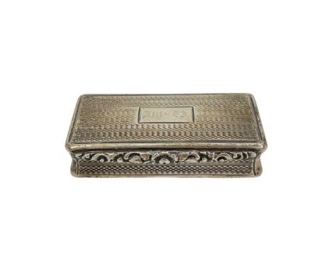 Georgian Silver Snuff Box. William Simpson, Birmingham 1834, 55 g. Engine turned with floral decoration thumbpiece, monogramm