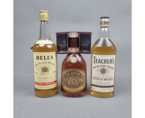 3 Bottles to include: Bell's Extra Special, Teachers Highland Cream and Glayva Scotch Liqueur 1970's with 2 Glasses  