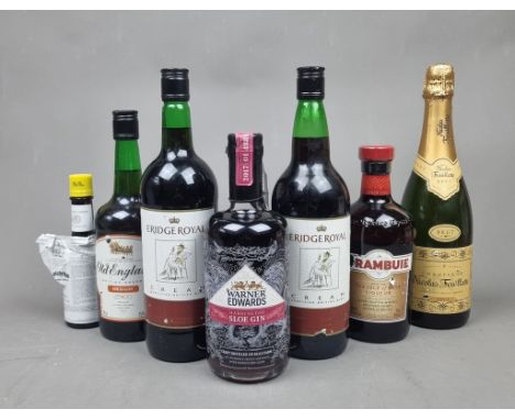 Mixed lot of Fortified wines, spirits and Champagne to include:   Warner Edwards Sloe Gin,  Drambuie, Sherry,  Nicolas Feuill