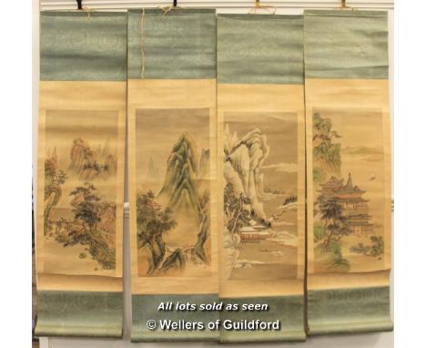Four Chinese scroll paintings depicting landscapes,each 92 x 24.5 overall.