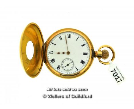 Gold plated half hunter pocket watch, with white enamel dial, Roman numerals and subsidiary seconds dial