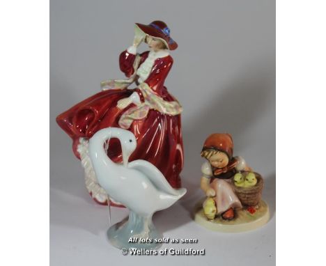 Lladro preening duck; Hummel figure, girl feeding chicks; Royal Doulton Top o' the Hill, 1937 copyright.