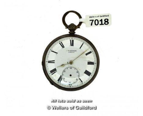 J W Benson silver plated pocket watch, white enamel dial with Roman numerals and subsidiary seconds dial, a/f, glass cracked