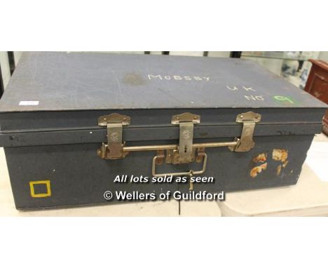 A 1960's vintage metal trunk with blue finish, the catches stamped 'Winged Ship',  83cm wide.