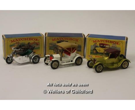 Matchbox Lesney 'Models of Yesteryear', 1913 Cadillac model Y-6, 1909 Opel Coupe model Y-4 and 1914 Sunbeam Motor-Cycle with 