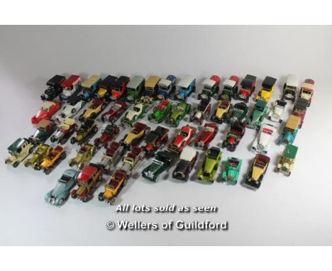 Matchbox Lesney, a large group of assorted vintage style die-cast vehicles to include 1937 cord model 812, Hoover advertising