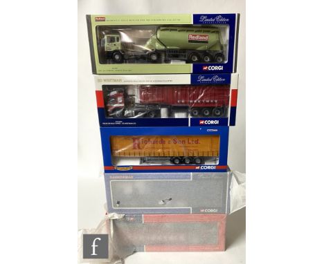 Five Corgi 1:50 scale diecast models, to include CC19906 Jack Richards Curtainside Trailer, CC13505 Ed Weetman LTD Volvo FM B