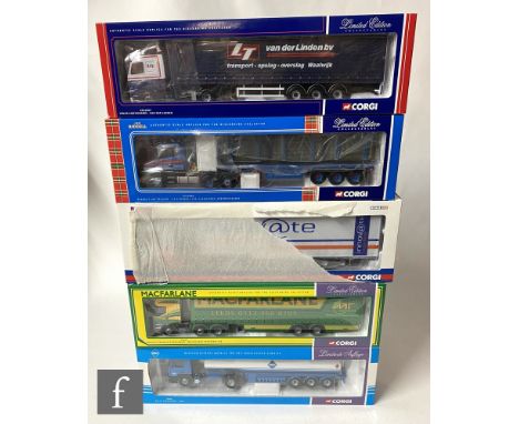 Five Corgi 1:50 scale diecast models, to include CC12407 Van Der Linden Volvo Curtainside, CC13414 Innovative Logistics MAN T