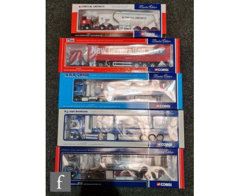 Five Corgi 1:50 scale diecast models, comprising 74903 Castle Cement ERF EC Powder Tanker, CC11905 Jos Millican ERF EC Flatbe