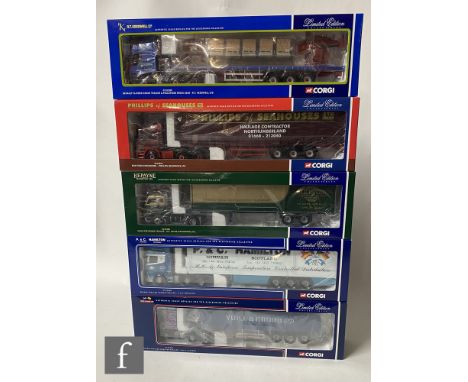 Five Corgi 1:50 scale diecast models, comprising CC12905 Yuill &amp; Dodds Scania Topline Sheeted Trailer, CC12906 P&amp;C Ha