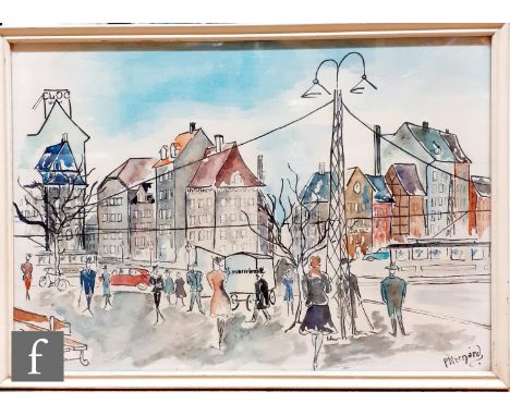 P. NORGARD (C. 1950) - A busy street scene in Denmark, ink and wash drawing, signed, framed, 27cm x 39cm, frame size 30cm x 4