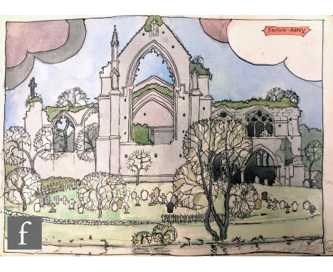ALBERT WAINWRIGHT (1898-1943) - Bolton Abbey, a sketch of Bolton Abbey with graveyard, to the reverse a study of the garden a