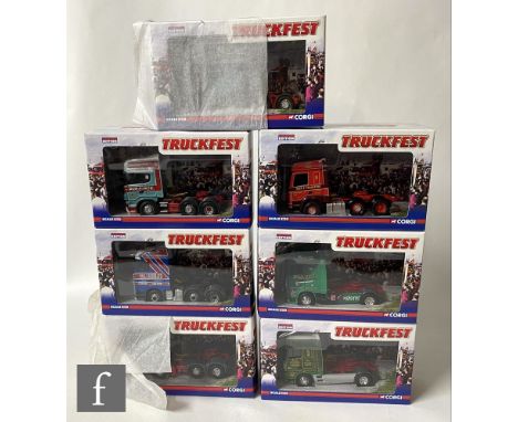 Seven Corgi Truckfest 1:50 scale diecast model cabs, to include CC13232 DAF XF Super Cab Beamish Transport, CC13908 Foden Alp