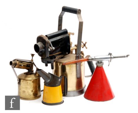 A large brass gas operated vehicle hand blow lamp, a similar hand lamp, a red pump oil can and a yellow hand oil can. (4) 