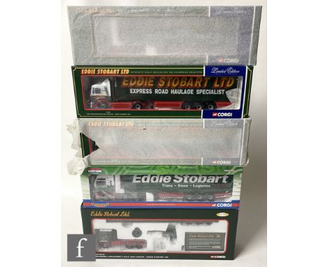Five Corgi Eddie Stobart 1:50 scale diecast models, comprising CC12610 Scammell Crusader 3 Axle Low Loader, 75702 MAN Refrige