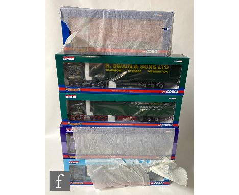 Five Corgi Hauliers of Renown 1:50 scale diecast models, comprising CC13601 R Swain &amp; Sons DAF CF Curtainside, CC13507 RF