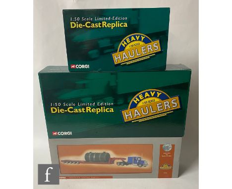 Three Corgi Heavy Haulers 1:50 scale diecast models, US55702 Kenworth W925 with Low Loader &amp; Boiler Load, US55705 Interst