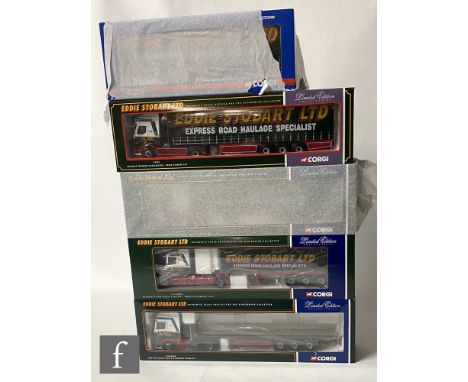 Five Corgi Eddie Stobart 1:50 scale diecast models, comprising CC13207 DAF XF Space Cab &amp; Flatbed Trailer, CC12802 Scania