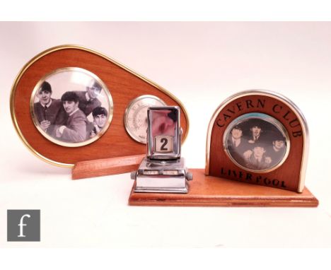 An original 1960s Beatles desk calendar and&nbsp;thermometer, each of the wooden items with roundel with black and white imag