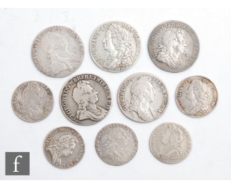 Various William III to George III shillings 1696, 1720, 1723, 1745 (Lima), 1787, and sixpences 1697, 1723 (?), 1737, 1746 and